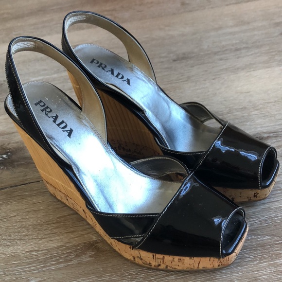 Prada Shoes - ⭐️HPx2⭐️ EUC PRADA Black Patent Leather Wedge Espadrilles Womens Sz 36.5 US 6.5
